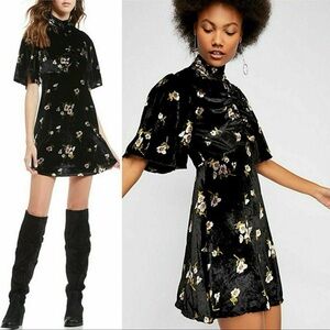 Free People Be My Baby Velvet Floral Print High Neck Mini Dress Black Size 0